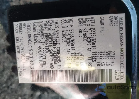 2020 Infiniti Qx60 Pure Awd z USA, uszkodzony, nr VIN 5N1DL0MM1LC531373